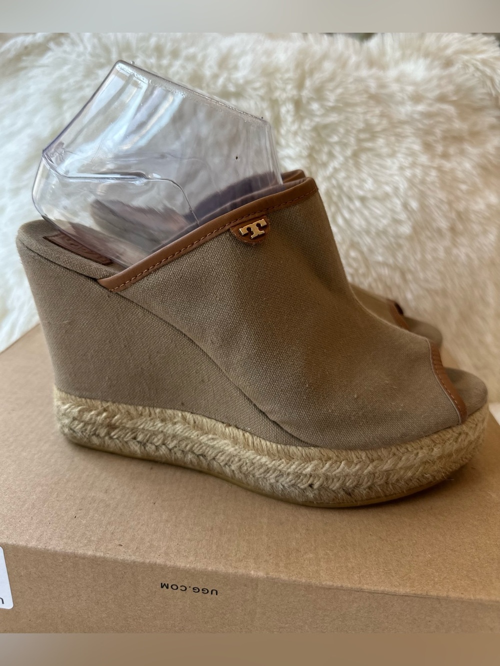 Tory Burch Agatha Tan Canvas Espadrille Wedge Mule Sandals Size 9.5 Peep Toe